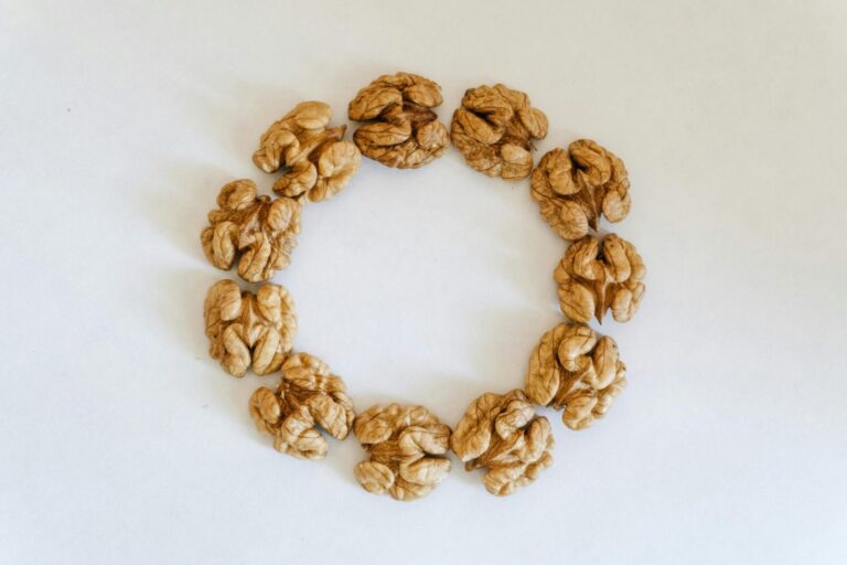 Top view of walnuts arranged in a circle on a white background, showcasing texture.